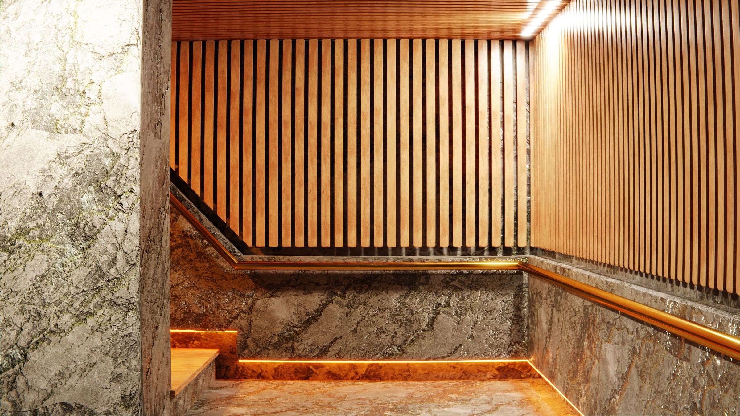 Timber slat panelling and veined stone stair in warm architectural light