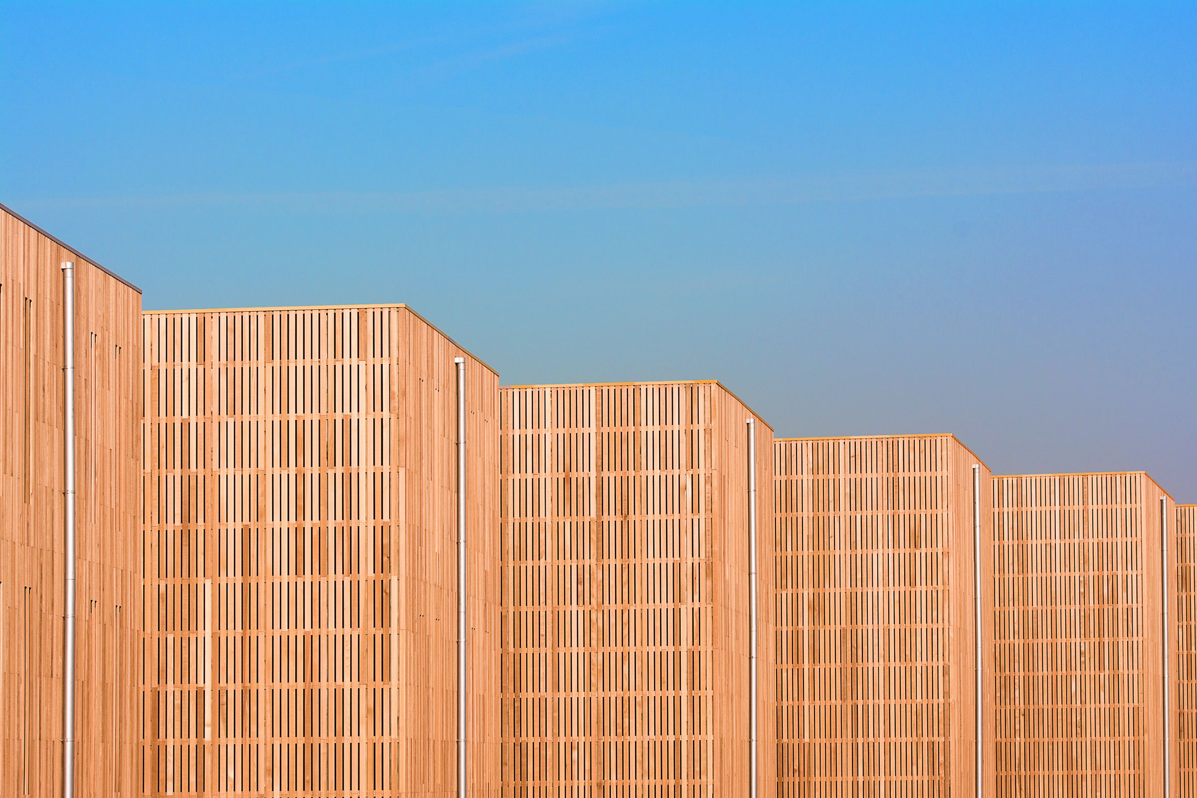 Timber slat facade detail with warm tones against a clear sky