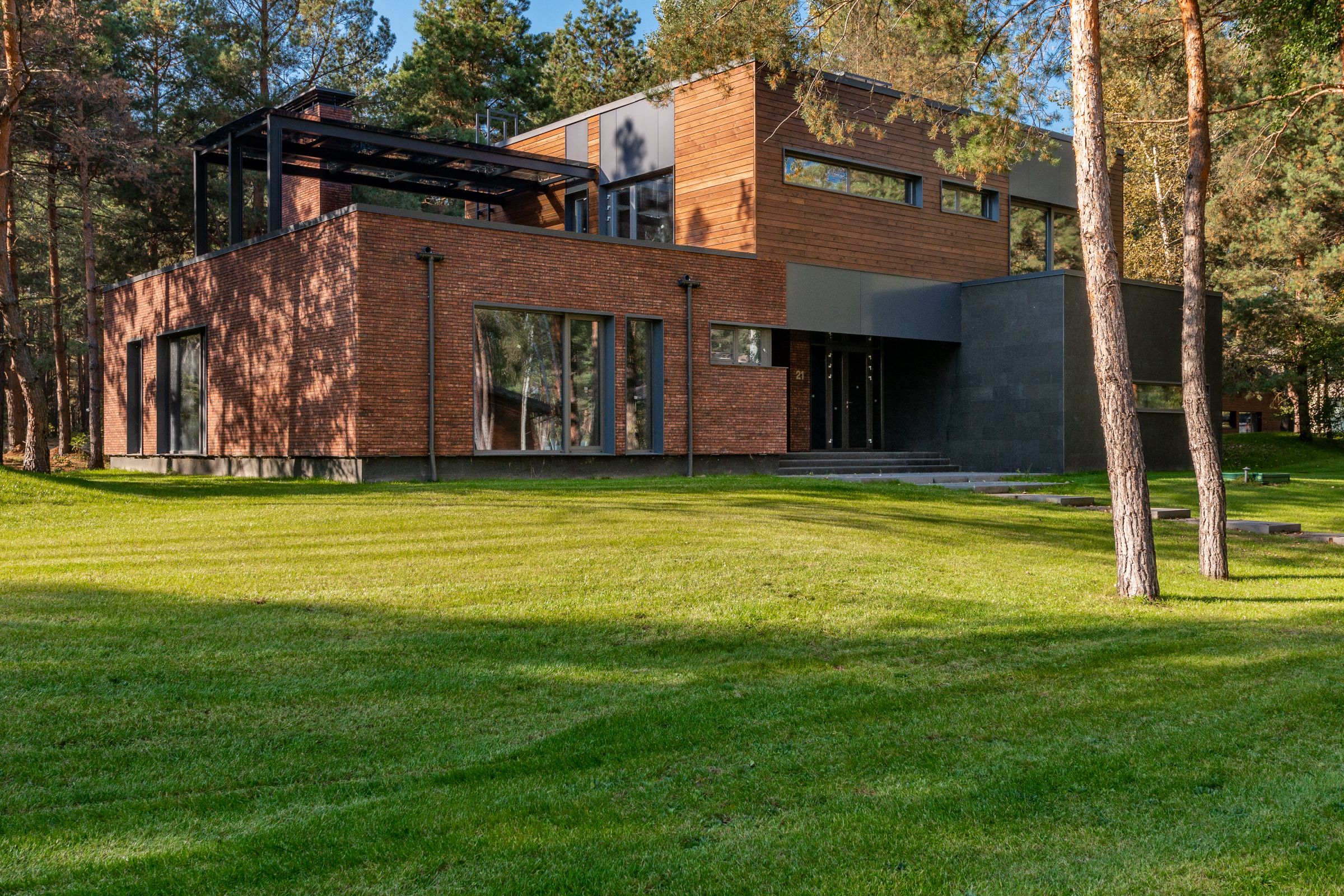 Contemporary brick-and-timber residence framed by mature pine trees