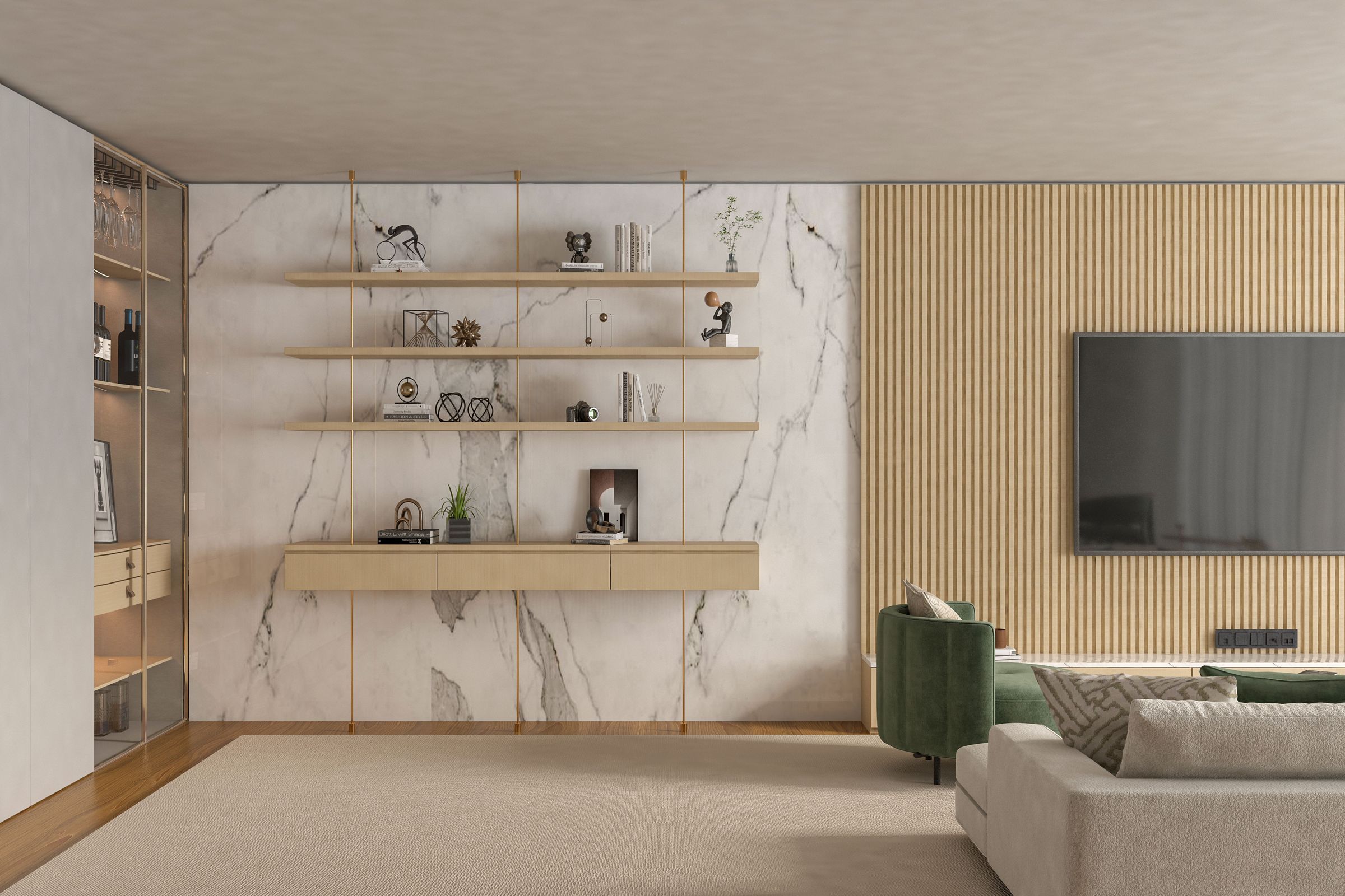 Minimalist living room with marble surfaces, wood panelling and soft daylight
