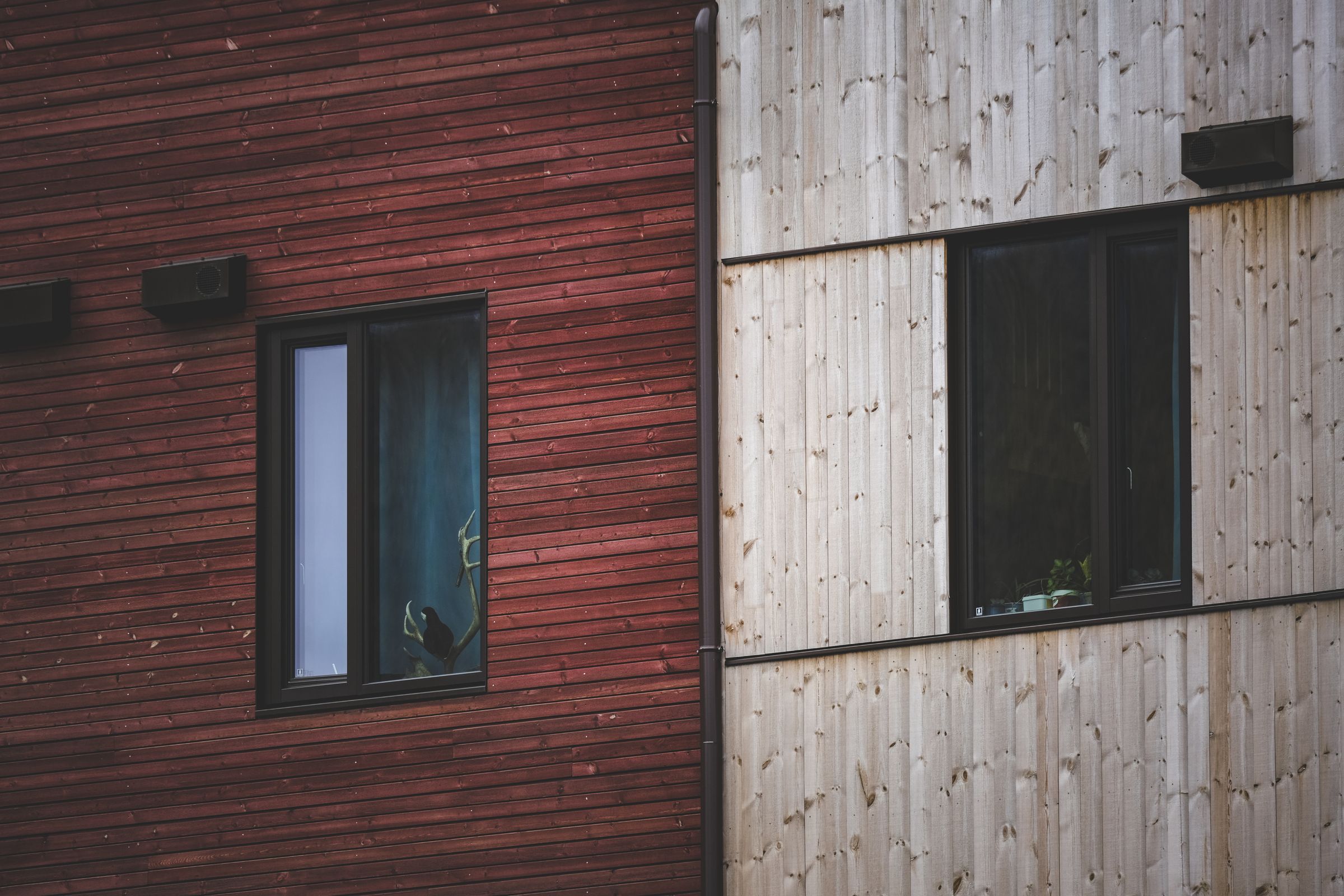 Contrasting timber facade panels with dark window frames and red wood cladding