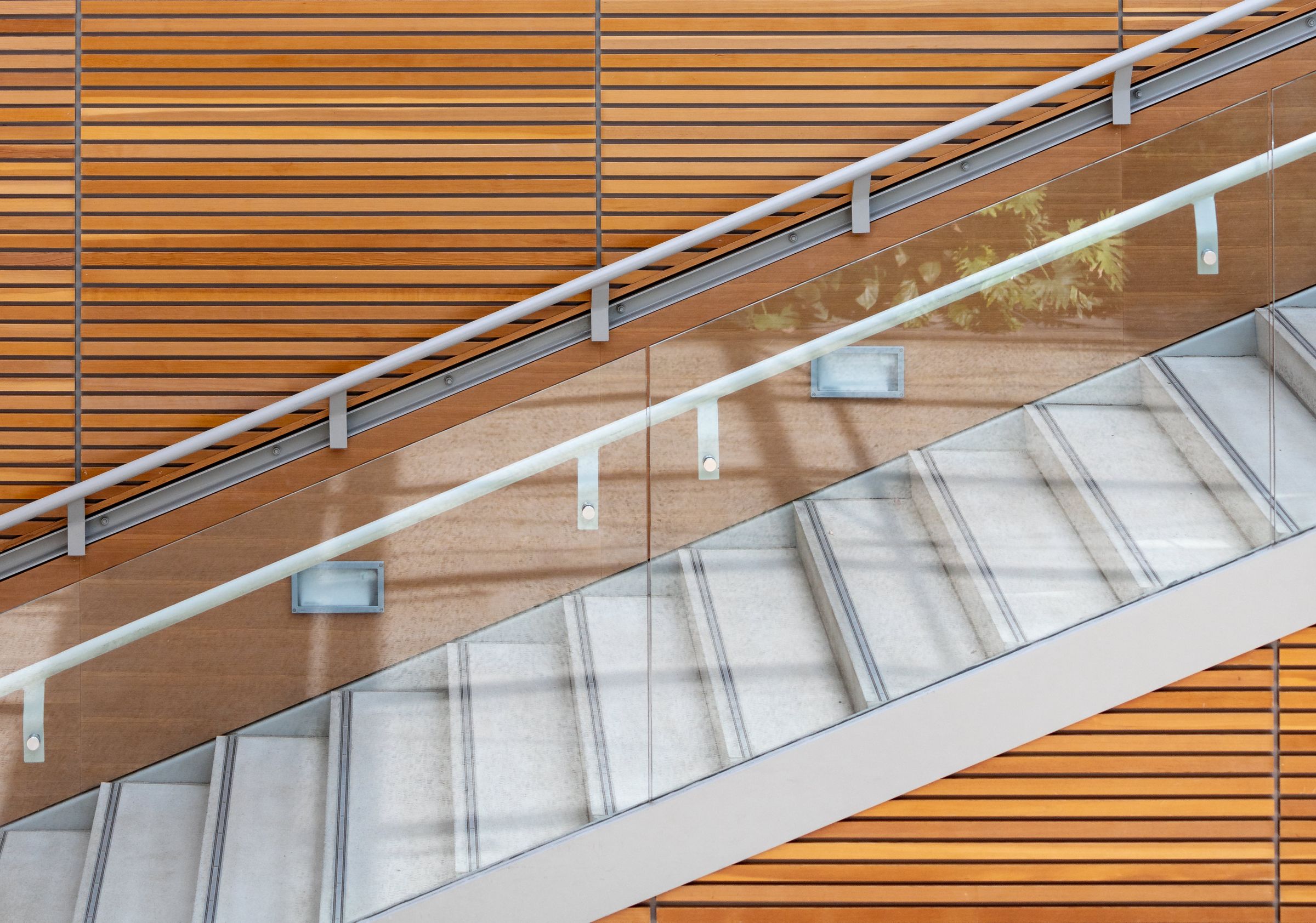 Modern staircase with glass railing and timber treads in a renovated interior